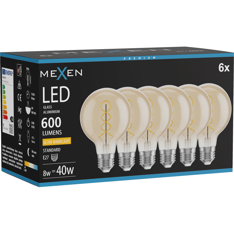 Mexen Vintis 6x Filament-LED-Glühbirne Spirale E27, G80, 8W, Warm - 2200K, 600 lm, amber - L165-E27-0822-50x06