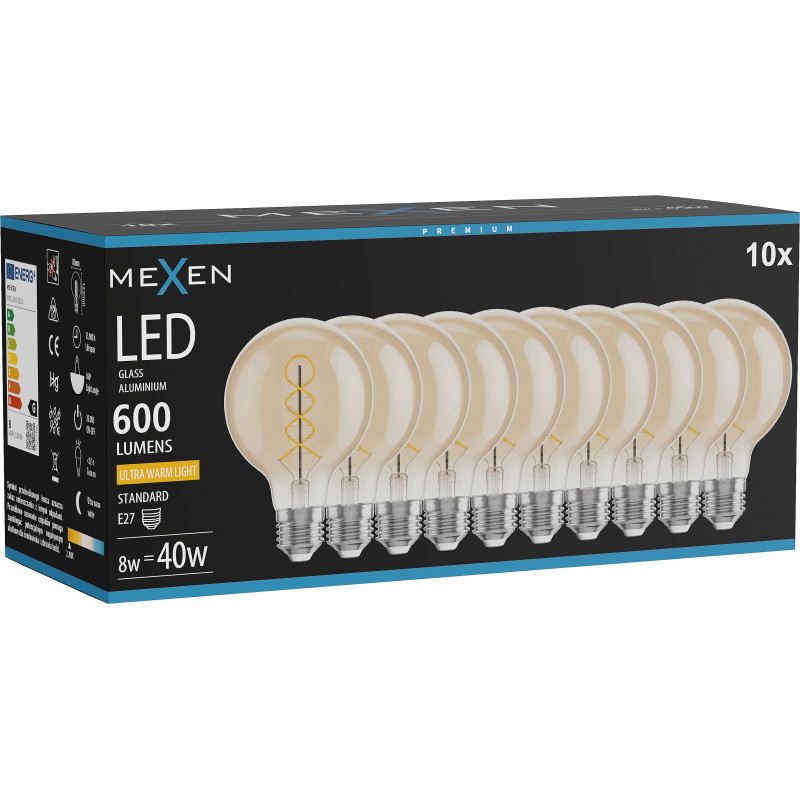 Mexen Vintis 10x LED filament spiraallamp E27, G80, 8W, Warm - 2200K, 600 lm, amber - L165-E27-0822-50x10