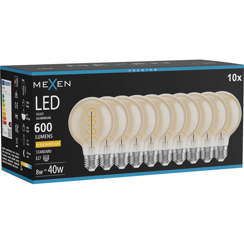 Mexen Vintis 10x LED filamentna žarnica spirala E27, G80, 8W, Topla - 2200K, 600 lm, jantarna - L165-E27-0822-50x10