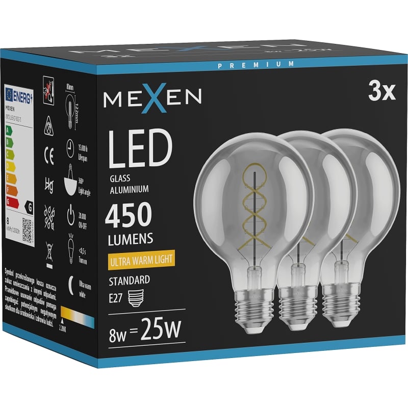 Mexen Vintis 3x Filament spiral LED-lampa E27, G80, 8W, Varm - 2200K, 450 lm, rök - L165-E27-0822-70x03