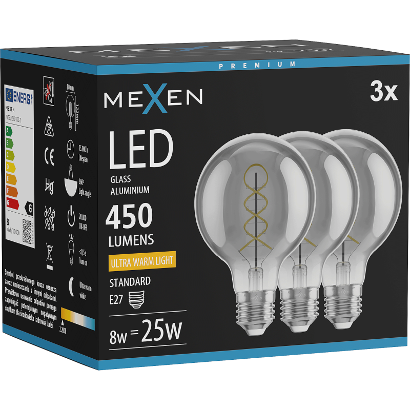 Mexen Vintis 3x kvēlspuldze spirāle LED E27, G80, 8W, Silta - 2200K, 450 lm, smoke - L165-E27-0822-70x03