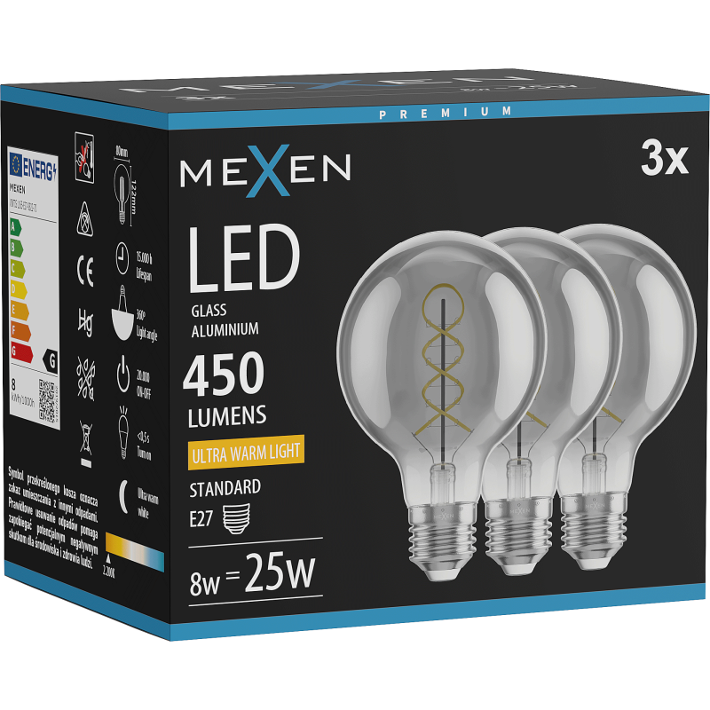 Mexen Vintis 3x żarówka filament spirala LED E27, G80, 8W, Ciepła - 2200K, 450 lm, smoke - L165-E27-0822-70x03