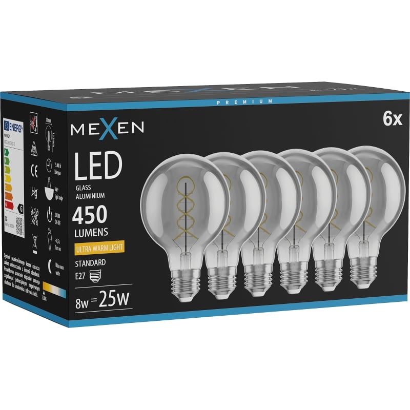 Mexen Vintis 6x Lampadina a filamento a spirale LED E27, G80, 8W, Calda - 2200K, 450 lm, smoke - L165-E27-0822-70x06