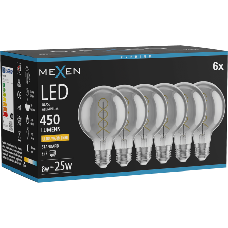 Mexen Vintis 6x Λάμπα νήματος σπείρα LED E27, G80, 8W, Θερμή - 2200K, 450 lm, καπνιστή