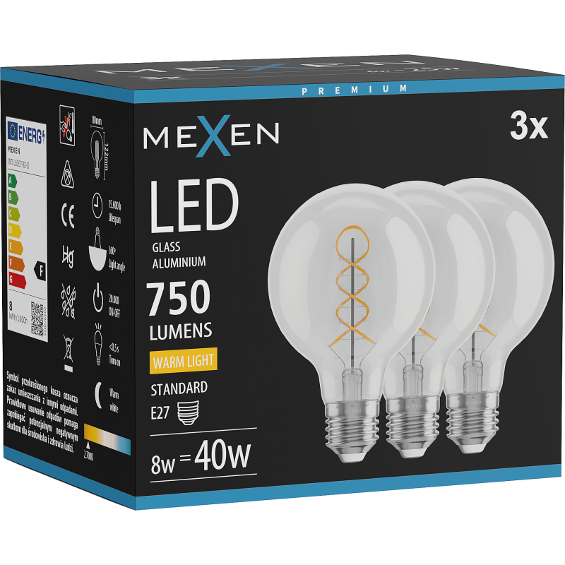Mexen Vintis 3x żarówka filament spirala LED E27, G80, 8W, Ciepła - 2700K, 750 lm, clear - L165-E27-0827-00x03