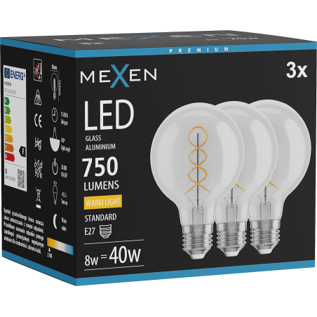 Mexen Vintis 3x Λάμπα νήματος LED E27, G80, 8W, Θερμή - 2700K, 750 lm, διαφανής - L165-E27-0827-00x03