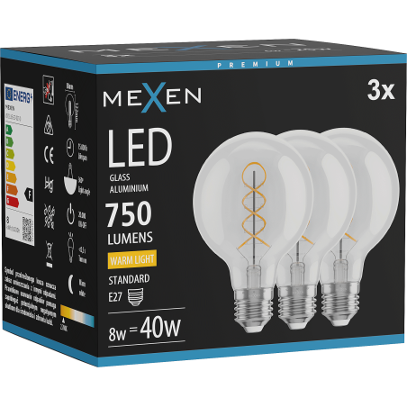 Mexen Vintis 3x LED-Filament-Glühbirne Spirale E27, G80, 8W, Warm - 2700K, 750 lm, klar - L165-E27-0827-00x03