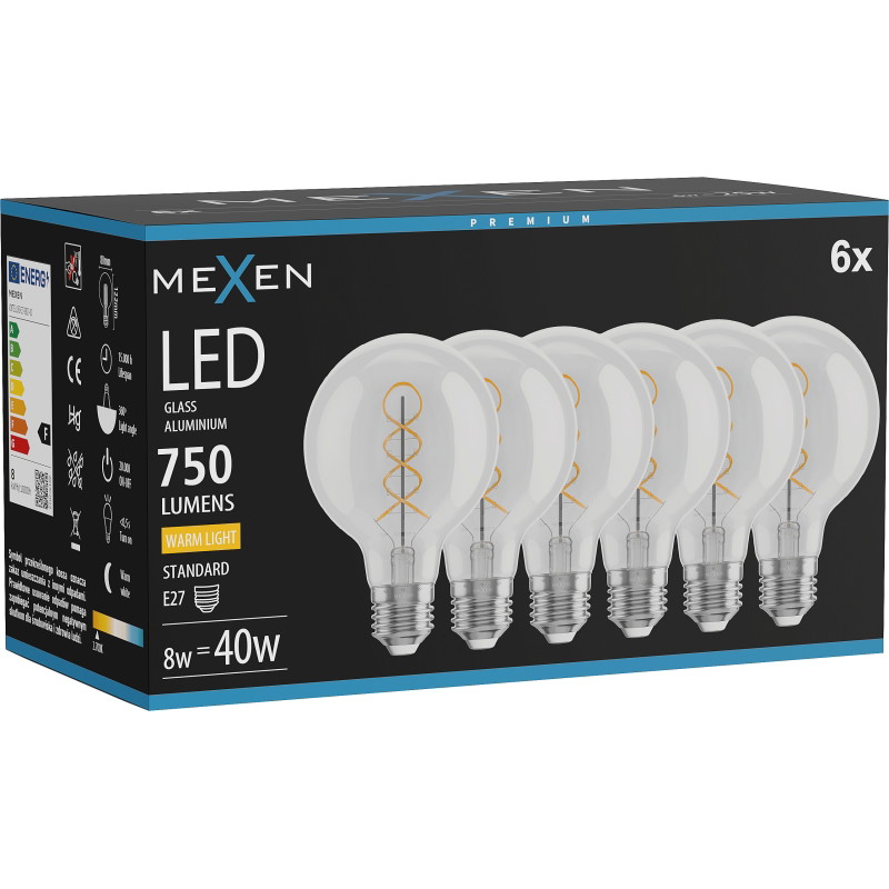 Mexen Vintis 6x Lampadina a filo LED a spirale E27, G80, 8W, Calda - 2700K, 750 lm, chiara - L165-E27-0827-00x06