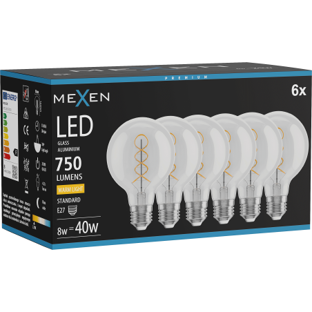 Mexen Vintis 6x LED-filamentlampa spiral E27, G80, 8W, Varm - 2700K, 750 lm, klar - L165-E27-0827-00x06