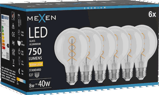 Mexen Vintis 6x LED Filament Spiral Bulb E27, G80, 8W, Warm - 2700K, 750 lm, Clear - L165-E27-0827-00x06