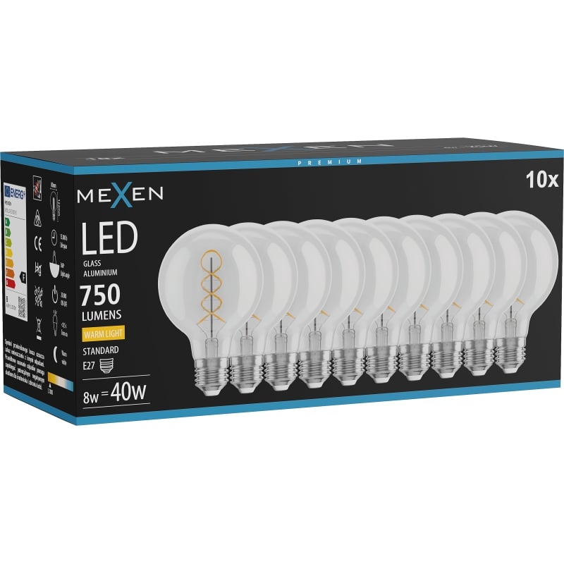 Mexen Vintis 10x LED Glödlampa spiral filament E27, G80, 8W, Varmt ljus - 2700K, 750 lm, klar - L165-E27-0827-00x10