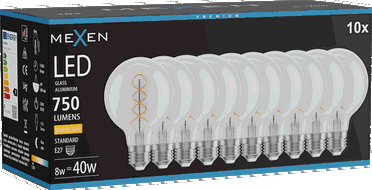 Mexen Vintis 10x LED filament spiraallamp E27, G80, 8W, Warm - 2700K, 750 lm, helder - L165-E27-0827-00x10