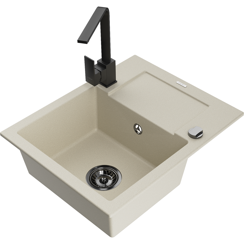 Mexen Enzo fregadero de granito de 1 seno con escurridor y grifo de cocina Rita, beige - 6506-69-670300-70