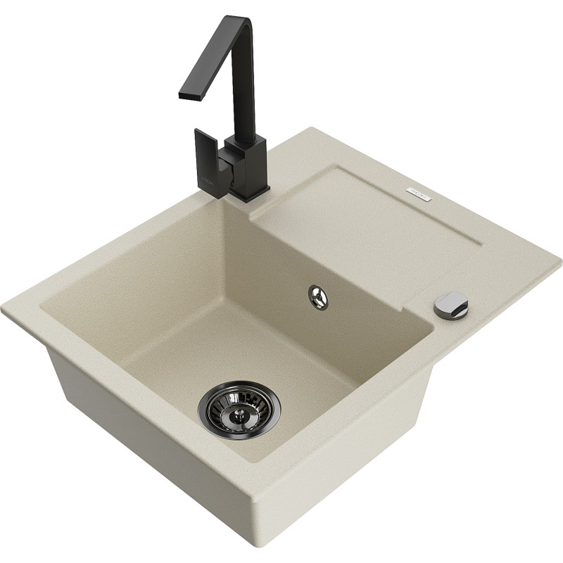 Mexen Enzo granit wastafel 1-komor met afdruiprek en keukenkraan Rita, beige - 6506-69-670300-70