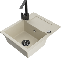 Mexen Enzo 1-bowl Granite Sink with Drainer and Rita Kitchen Tap, Beige - 6506-69-670300-70