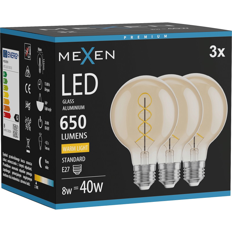 Mexen Vintis 3x Glödlampa filament spiral LED E27, G80, 8W, Varm - 2700K, 650 lm, amber - L165-E27-0827-50x03