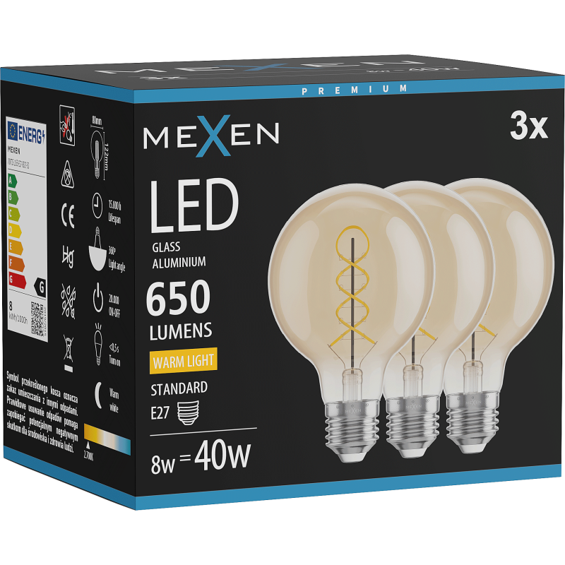 Mexen Vintis 3x Spirāles LED pavedieni spuldze E27, G80, 8W, Silta - 2700K, 650 lm, dzintarkrāsas - L165-E27-0827-50x03