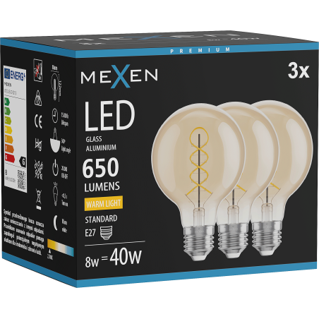 Mexen Vintis 3x Glödlampa filament spiral LED E27, G80, 8W, Varm - 2700K, 650 lm, amber - L165-E27-0827-50x03