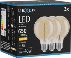 Mexen Vintis 3x LED-hõõgniidi spiraalpirn E27, G80, 8W, Soe - 2700K, 650 lm, merevaik - L165-E27-0827-50x03
