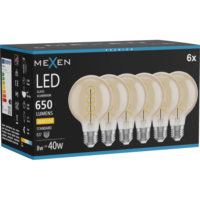 Mexen Vintis 6x Spuldze filament spirāla LED E27, G80, 8W, Silta - 2700K, 650 lm, dzintars - L165-E27-0827-50x06