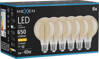 Mexen Vintis 6x hõõgniidiga LED-spiraallamp E27, G80, 8W, Soe - 2700K, 650 lm, merevaik - L165-E27-0827-50x06