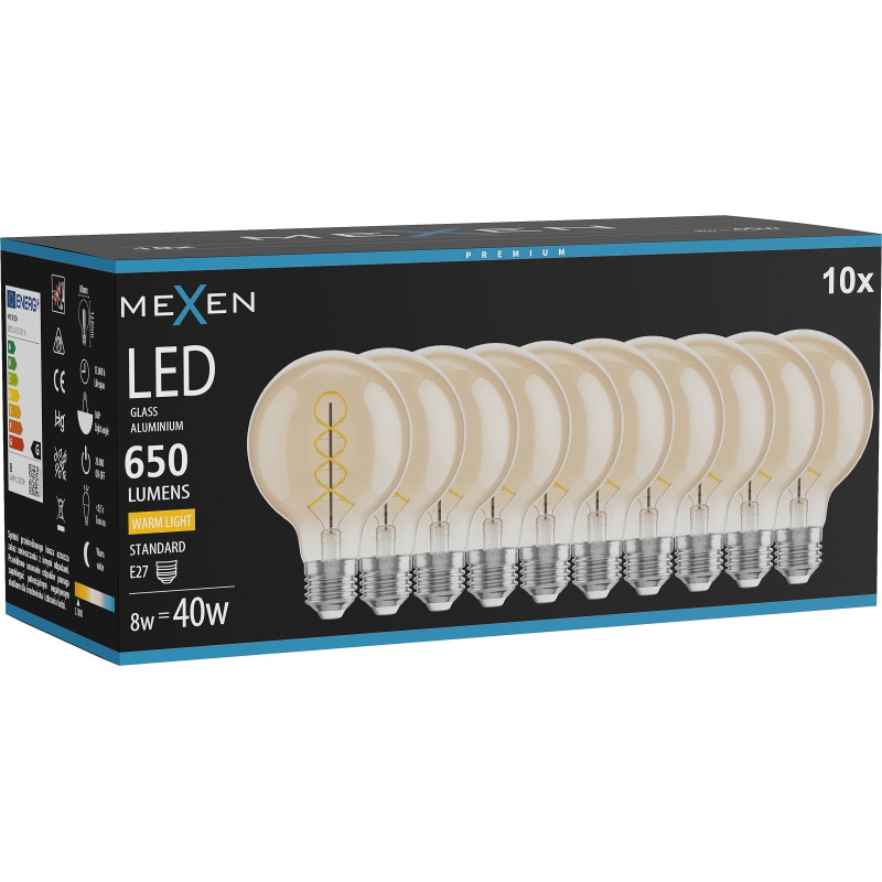 Mexen Vintis 10x Bombilla filamento espiral LED E27, G80, 8W, Cálida - 2700K, 650 lm, ámbar - L165-E27-0827-50x10