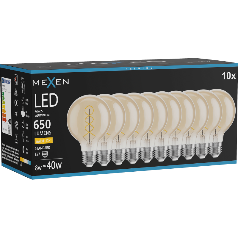 Mexen Vintis 10x spuldze ar LED E27 spirālveida diegu, G80, 8W, Silta - 2700K, 650 lm, dzintara - L165-E27-0827-50x10