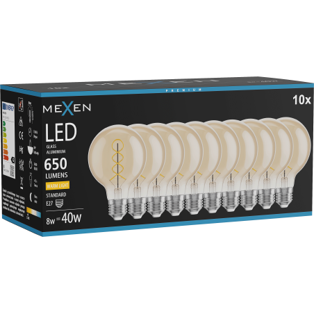 Mexen Vintis 10x LED-filamentlampa spiral E27, G80, 8W, Varm - 2700K, 650 lm, bärnsten - L165-E27-0827-50x10