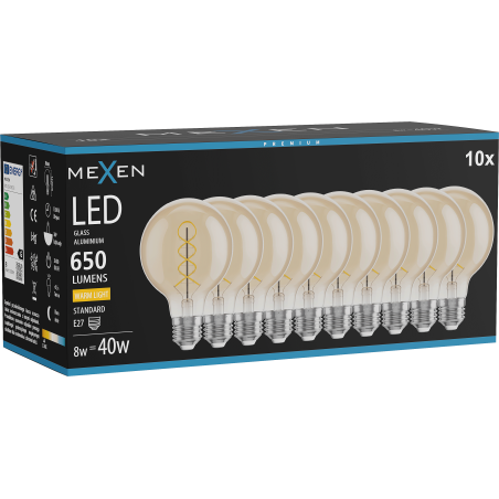 Mexen Vintis 10x spuldze ar LED E27 spirālveida diegu, G80, 8W, Silta - 2700K, 650 lm, dzintara - L165-E27-0827-50x10