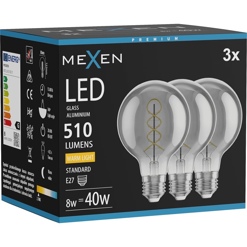 Mexen Vintis 3x LED filament spiral glödlampa E27, G80, 8W, Varm - 2700K, 510 lm, rök - L165-E27-0827-70x03