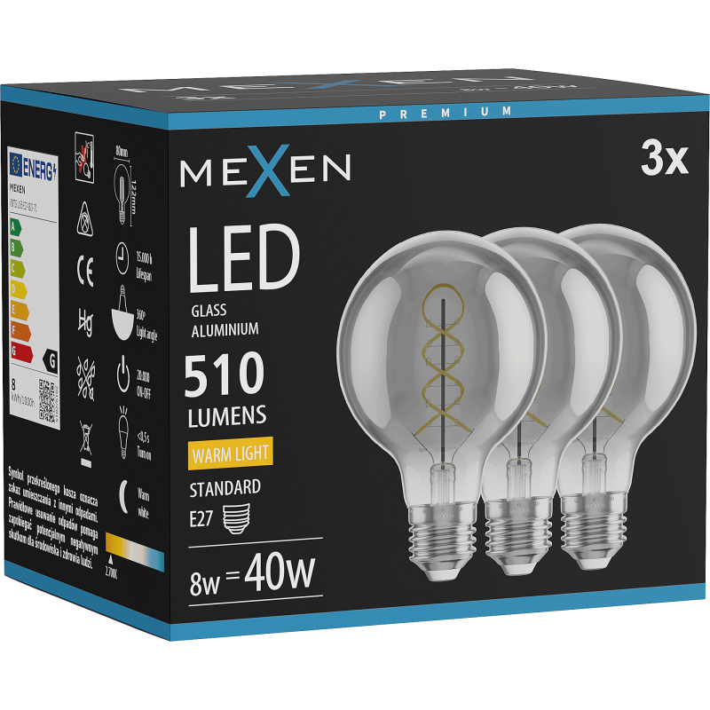 Mexen Vintis 3x Spuldze ar kvēldiegu spirāli LED E27, G80, 8W, Silta - 2700K, 510 lm, dūmakains - L165-E27-0827-70x03