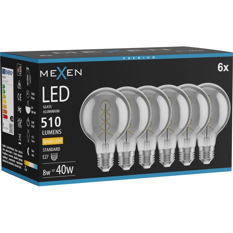 Mexen Vintis 6x Filament spiral LED-glödlampa E27, G80, 8W, Varm - 2700K, 510 lm, rök - L165-E27-0827-70x06