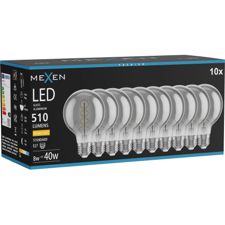 Mexen Vintis 10x LED filament spiral lampa E27, G80, 8W, Varm - 2700K, 510 lm, rök - L165-E27-0827-70x10
