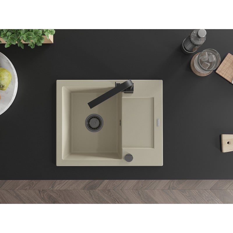 Mexen Enzo fregadero de granito de 1 seno con escurridor y grifo de cocina Rita, beige - 6506-69-670300-70