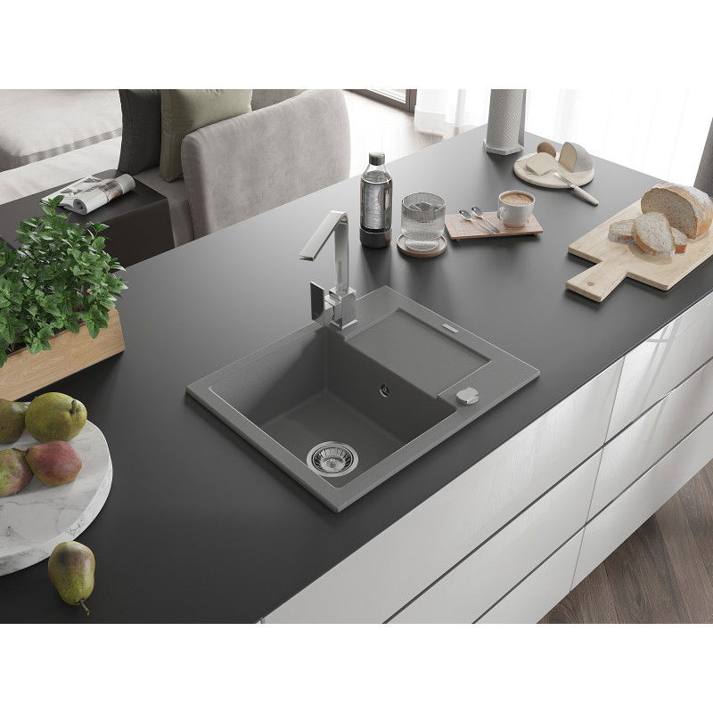 Mexen Enzo 1-bowl granite sink with drainer and Rita kitchen tap, grey - 6506-71-670300-00