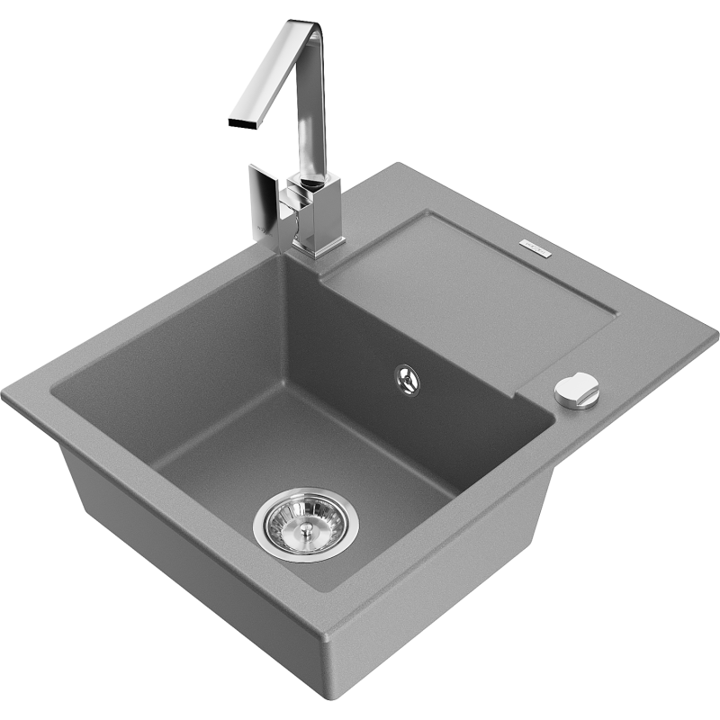 Mexen Enzo 1-bowl granite sink with drainer and Rita kitchen tap, grey - 6506-71-670300-00