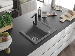 Mexen Enzo Granite Sink 1-Bowl with Drainer and Rita Kitchen Tap, Grey - 6506-71-670300-70