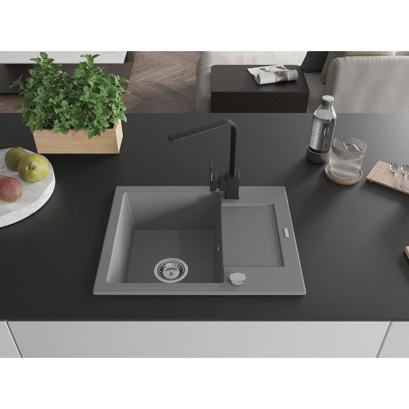 Mexen Enzo Granite Sink 1-Bowl with Drainer and Rita Kitchen Tap, Grey - 6506-71-670300-70