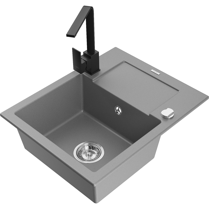 Mexen Enzo fregadero de granito 1-cubeta con escurridor y grifo de cocina Rita, gris - 6506-71-670300-70