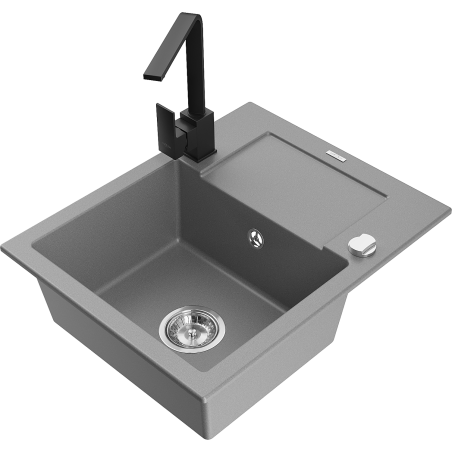 Mexen Enzo Granite Sink 1-Bowl with Drainer and Rita Kitchen Tap, Grey - 6506-71-670300-70