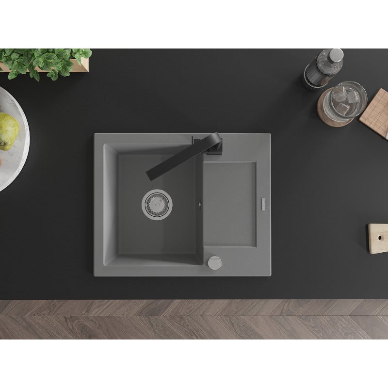Mexen Enzo Granite Sink 1-Bowl with Drainer and Rita Kitchen Tap, Grey - 6506-71-670300-70