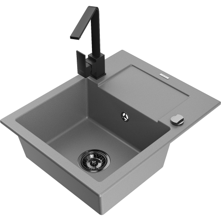 Mexen Enzo granieten spoelbak 1-komers met afdruiprek en keukenmengkraan Rita, grijs - 6506-71-670300-70-B