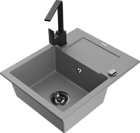 Mexen Enzo granite sink 1-bowl with drainer and Rita kitchen tap, grey - 6506-71-670300-70-B