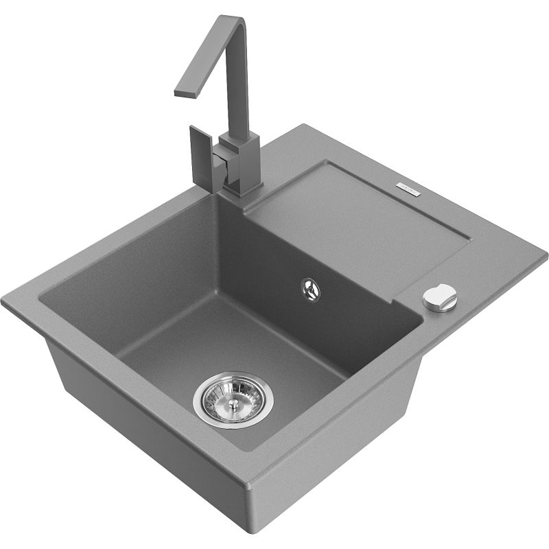 Mexen Enzo granite sink 1-bowl with drainer and Rita kitchen tap, grey - 6506-71-670300-71