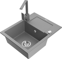 Mexen Enzo granite sink 1-bowl with drainer and Rita kitchen tap, grey - 6506-71-670300-71