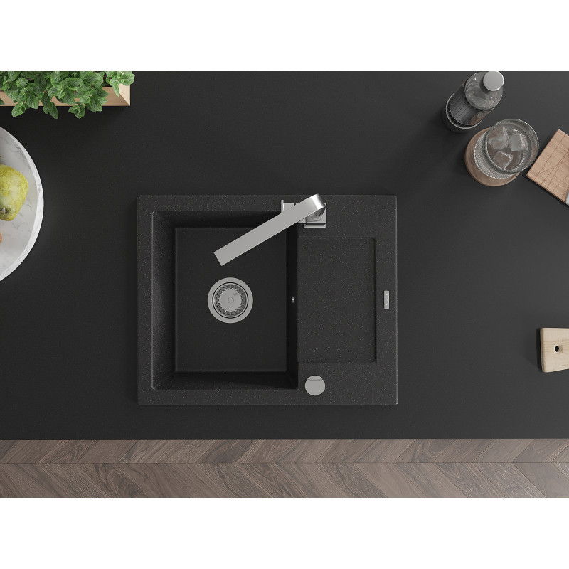 Mexen Enzo granite sink 1-bowl with drainer and Rita kitchen tap, black/silver metallic - 6506-73-670300-00