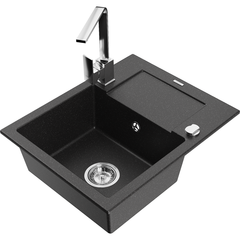 Mexen Enzo fregadero de granito de 1 cámara con escurridor y grifo de cocina Rita, negro/metálico plateado - 6506-73-670300-00