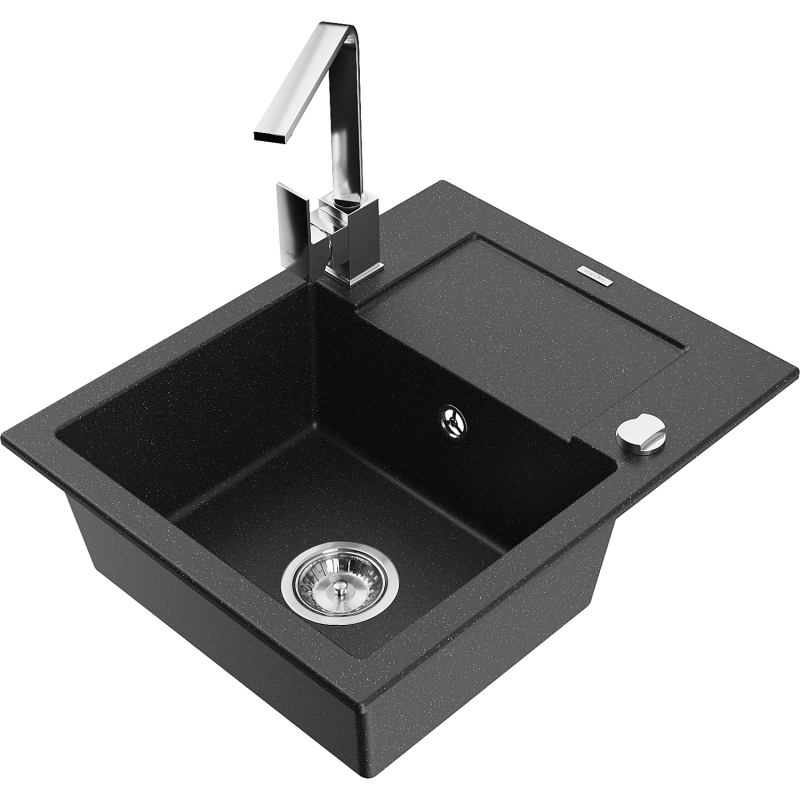 Mexen Enzo granite sink 1-bowl with drainer and Rita kitchen tap, black/silver metallic - 6506-73-670300-00