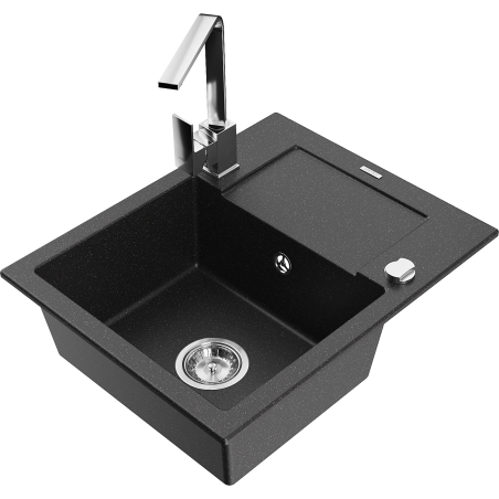 Mexen Enzo granite sink 1-bowl with drainer and Rita kitchen tap, black/silver metallic - 6506-73-670300-00