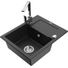 Mexen Enzo granite sink 1-bowl with drainer and Rita kitchen tap, black/silver metallic - 6506-73-670300-00